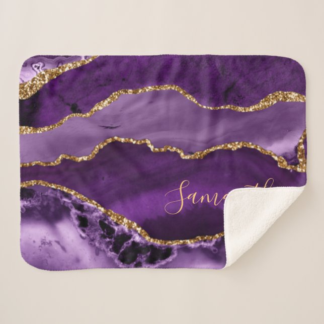 Purple and Faux Gold Glitter Marble Agate Sherpa Blanket (Front (Horizontal))
