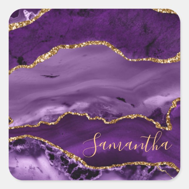 Purple and Faux Gold Glitter Marble Agate Square Sticker (Front)