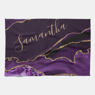 Purple and Faux Gold Glitter Marble Agatel Tea Towel