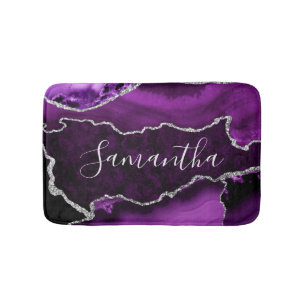 Purple and Faux Silver Glitter Marble Agate Bath Mat