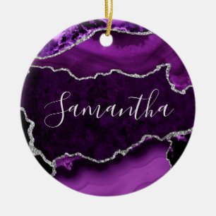 Purple and Faux Silver Glitter Marble Agate Ceramic Tree Decoration