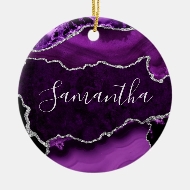 Purple and Faux Silver Glitter Marble Agate Ceramic Tree Decoration (Front)