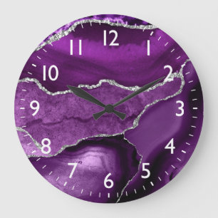 Purple and Faux Silver Glitter Marble Agate Large Clock