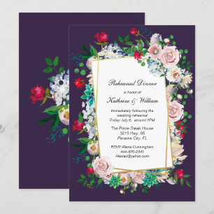 Purple and Floral Frame Wedding Rehearsal Dinner Invitation