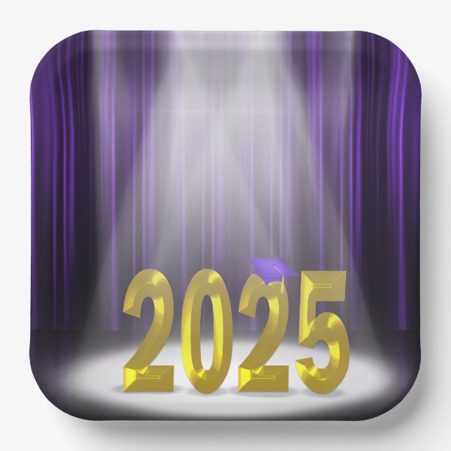 Purple and Gold 2025 Graduation in Spotlight Paper Plate (Front)