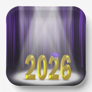 Purple and Gold 2025 Graduation in Spotlight Paper Plate