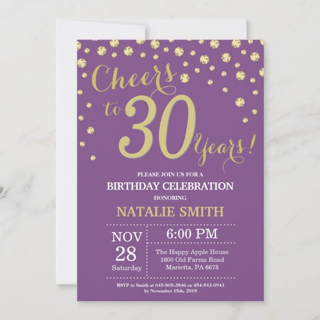 Purple and Gold 30th Birthday Diamond Invitation (Front)