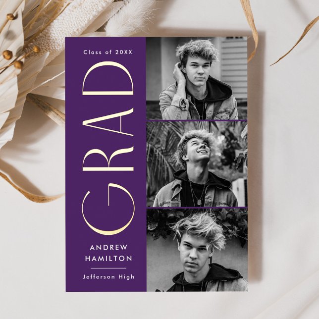 Purple and Gold 3 Photo Graduation Announcement (Creator Uploaded)
