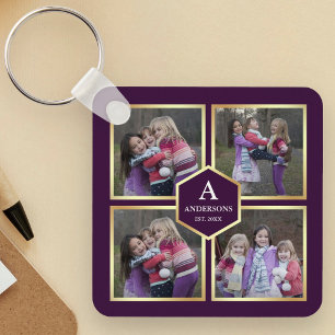 Purple and Gold 4 Pictures Family Photo Collage Key Ring