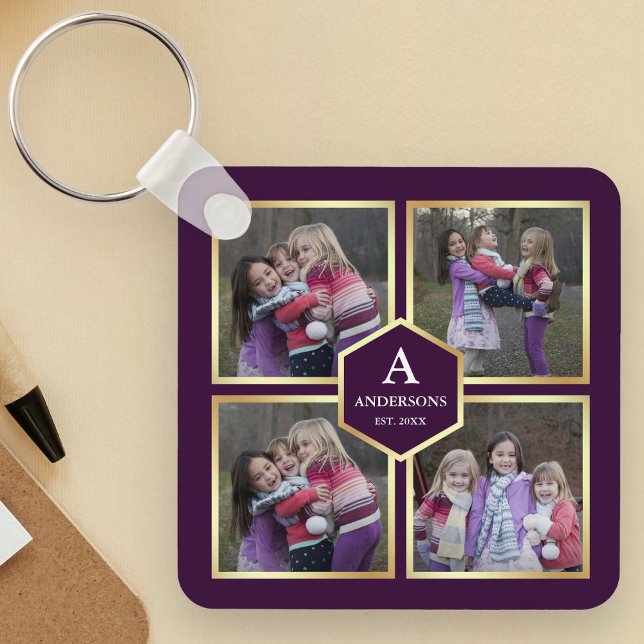 Purple and Gold 4 Pictures Family Photo Collage Key Ring (Creator Uploaded)