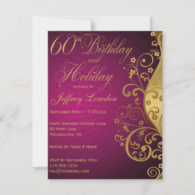 Purple and Gold 60th Birthday & Holiday Invite (Front)