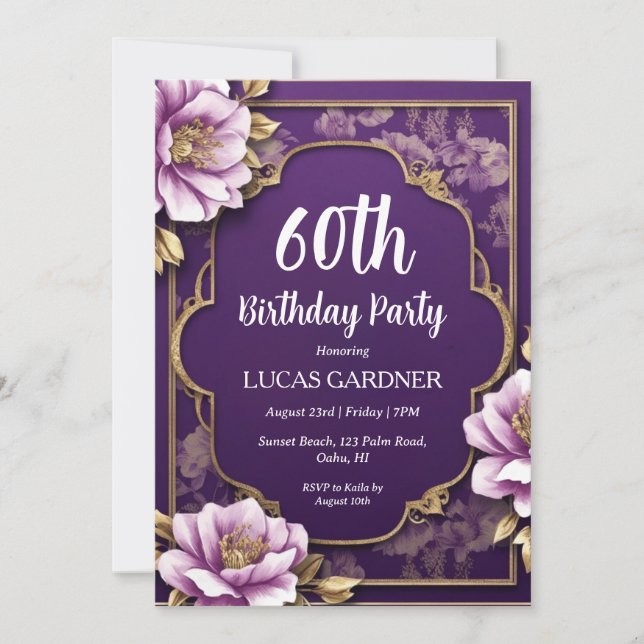 purple and gold 60th birthday invitations (Front)