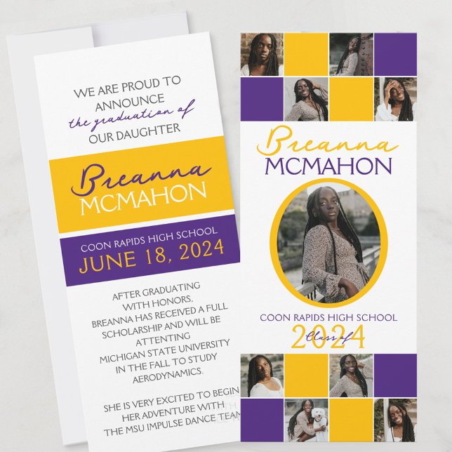 Purple and Gold 9 Photo Graduation Announcement (Elegant 9 Photo Graduation Double SIded Announcements in White Yellow Gold and Purple)