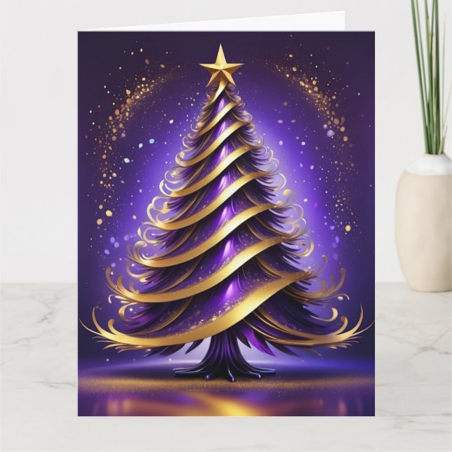 Purple and Gold Abstract Christmas Tree Design Card (Front)