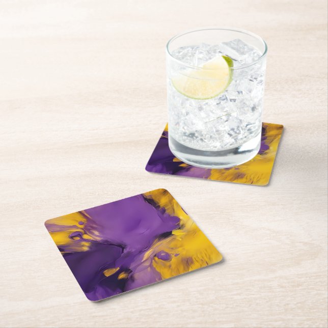 Purple and Gold Abstract Square Paper Coaster (Insitu)