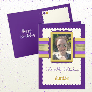 Purple and gold add photo auntie birthday card
