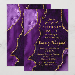 Purple and Gold Agate Marble 30th Birthday Party Invitation