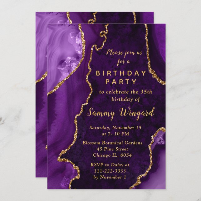 Purple and Gold Agate Marble Birthday Party Invitation (Front/Back)