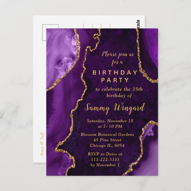 Purple and Gold Agate Marble Birthday Party Postcard (Front/Back)