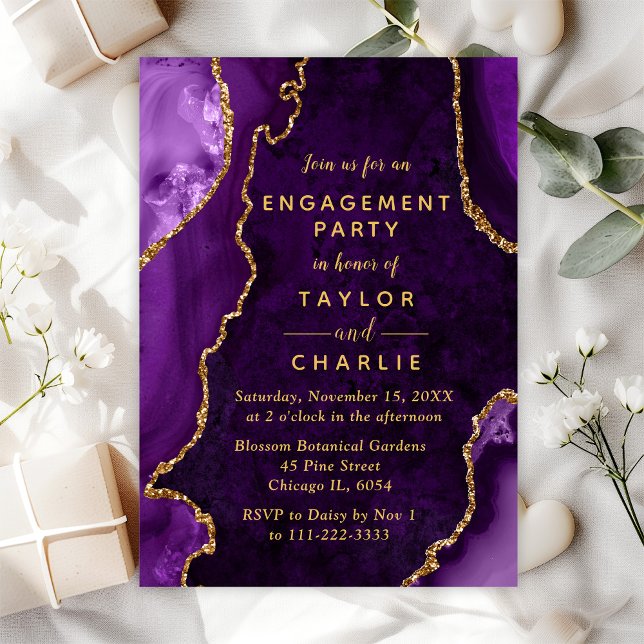 Purple and Gold Agate Marble Engagement Party Invitation (Creator Uploaded)