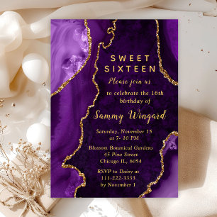 Purple and Gold Agate Marble Sweet Sixteen Invitation