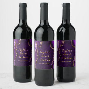 Purple and Gold Agate Marble Sweet Sixteen Wine Label