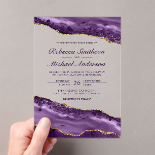 Purple and Gold Agate Marble Wedding Acrylic Invitations