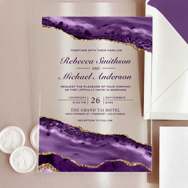 Purple and Gold Agate Marble Wedding Acrylic Invitations (Creator Uploaded)