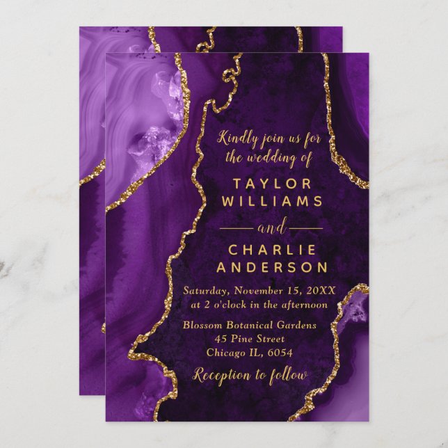 Purple and Gold Agate Marble Wedding Invitation (Front/Back)