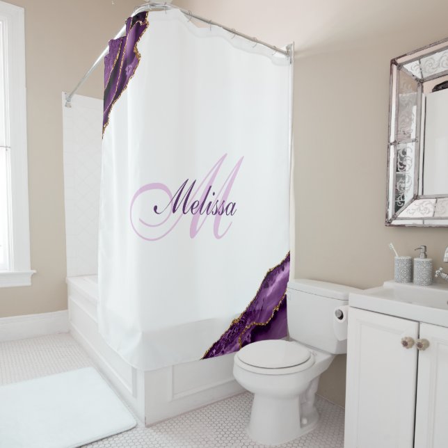 purple and gold agate trendy monogram shower curtain (In Situ)