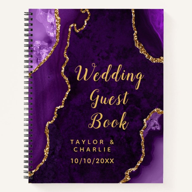 Purple and Gold Agate Wedding Guest Book (Front)