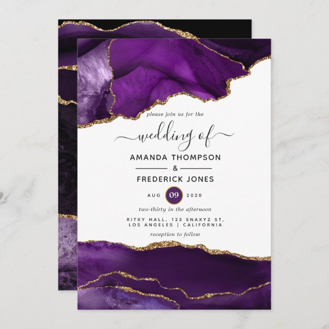 Purple and Gold Agate Wedding Invitation (Front/Back)