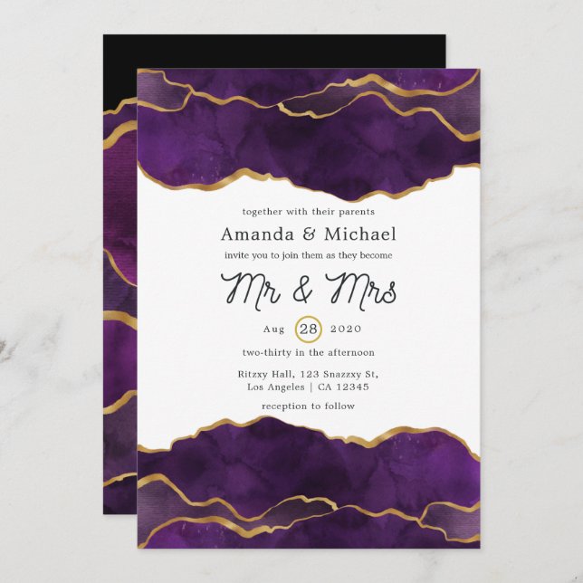 Purple and Gold Agate Wedding Invitation (Front/Back)