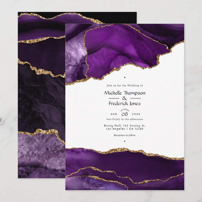 Purple and Gold Agate Wedding Invitation (Front/Back)