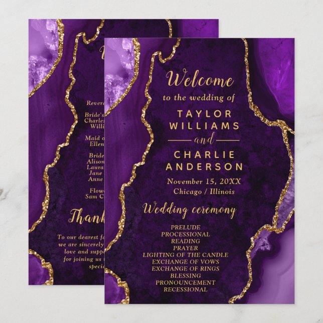Purple and Gold Agate Wedding Program Programme (Front/Back)