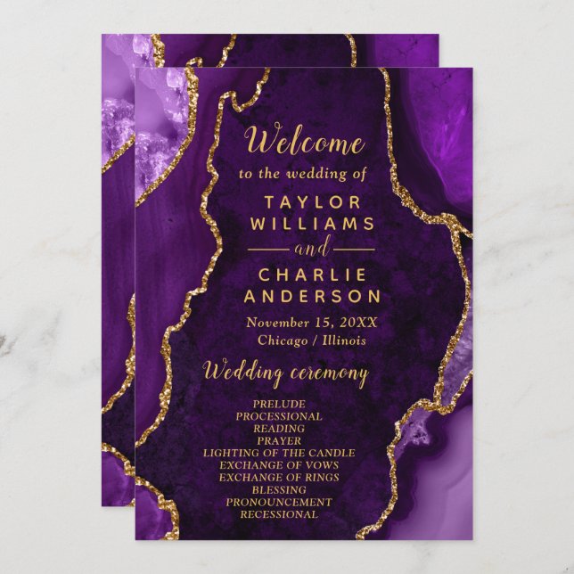 Purple and Gold Agate Wedding Program Programme (Front/Back)