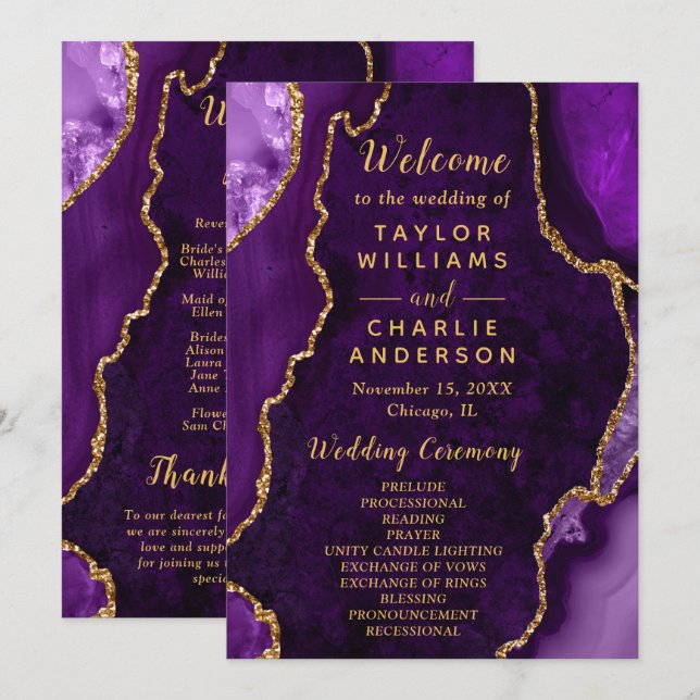 Purple and Gold Agate Wedding Program Programme (Front/Back)