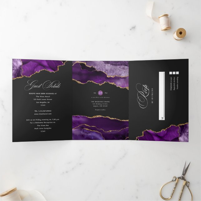 Purple and Gold Agate Wedding Tri-Fold Invitation (Inside)