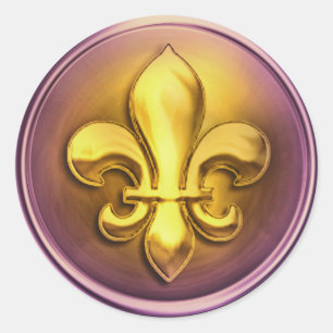 Purple and Gold and  Fleur de Lis Embossed Look Classic Round Sticker