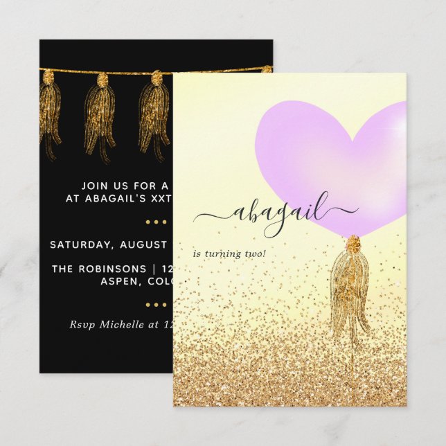 Purple and Gold and Pink Birthday Party Invitation (Front/Back)