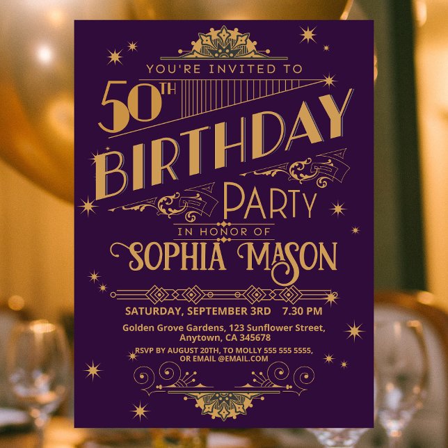 Purple and Gold Art Deco 50th Birthday Invite (Creator Uploaded)