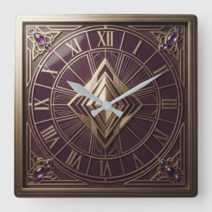 Purple and Gold Art Deco Luxury Amethyst Gemstone Square Wall Clock