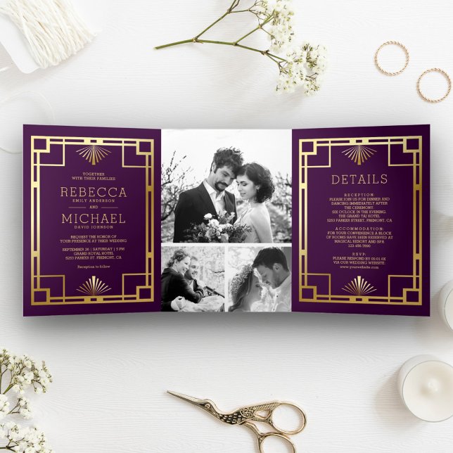 Purple and Gold Art Deco Photo Collage Wedding Tri-Fold Invitation (Creator Uploaded)