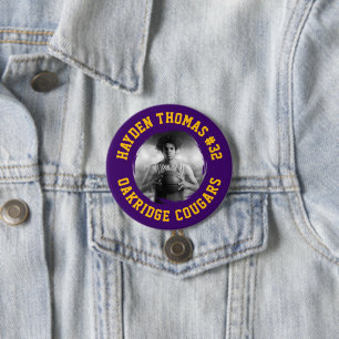 Purple and Gold Athlete Name Jersey Number Photo 7.5 Cm Round Badge
