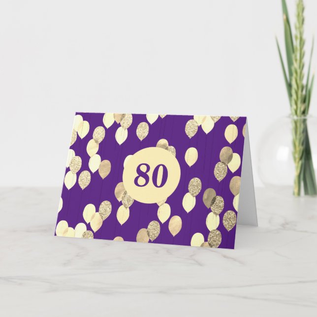 Purple and Gold Balloons 80th Birthday Card (Front)