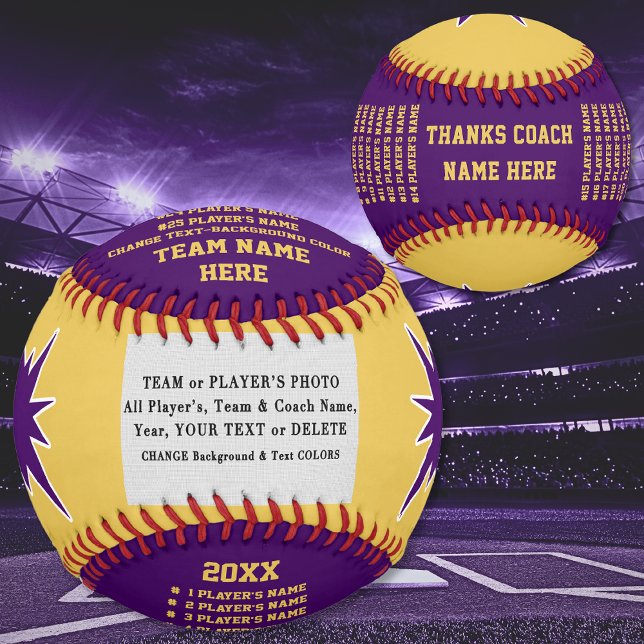 Purple and Gold, Baseball Coach Appreciation Gifts (Personalized Baseball. Photo Baseball. Gift ideas for baseball coaches. Senior night baseball gifts.)