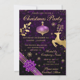 Purple and Gold Bauble & Ribbon Christmas Party Invitation