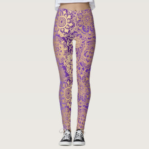 Purple and Gold Boho Mandala Pattern Yoga Leggings