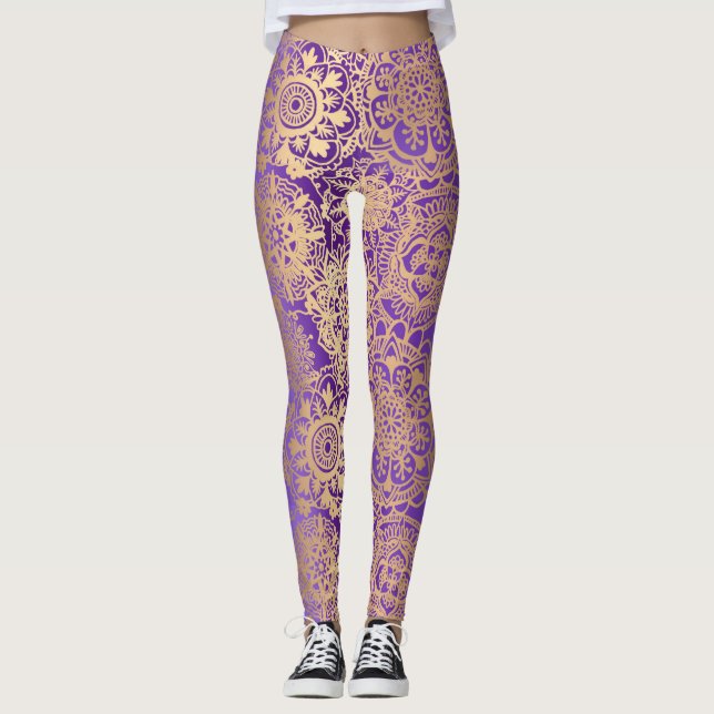 Purple and Gold Boho Mandala Pattern Yoga Leggings (Front)