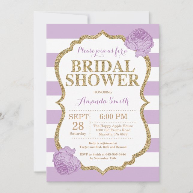 Purple and Gold Bridal Shower Invitation Glitter (Front)